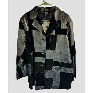 Vtg Dennis Basso NWT Black Suede & Smooth Leather Patchwork Coat Jacket Size 2X